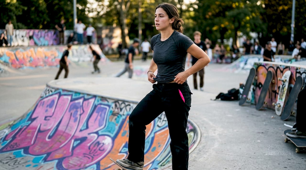 Close-up of skate base layer fabric and fit on woman.