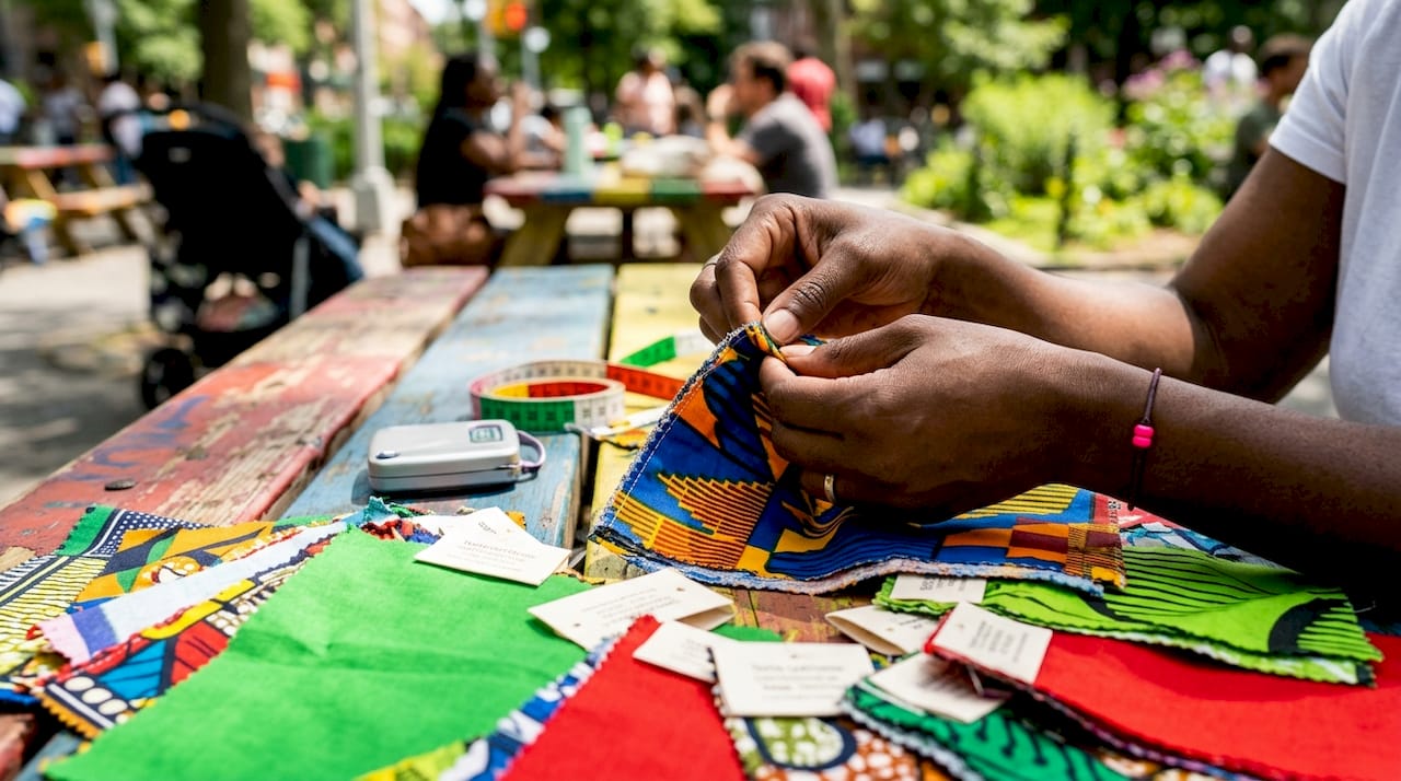 Hands feeling cotton-poly fabric samples