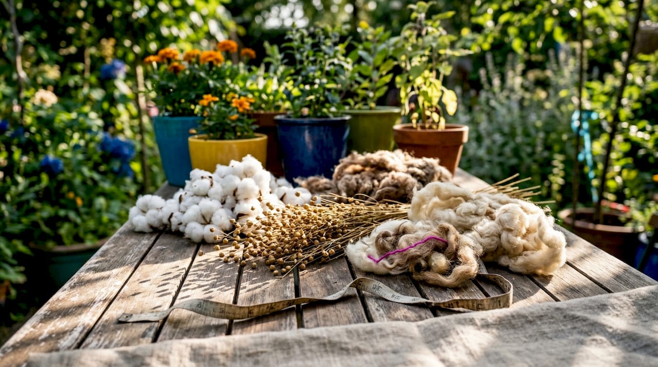 Crate filled with natural textile fibers and plants