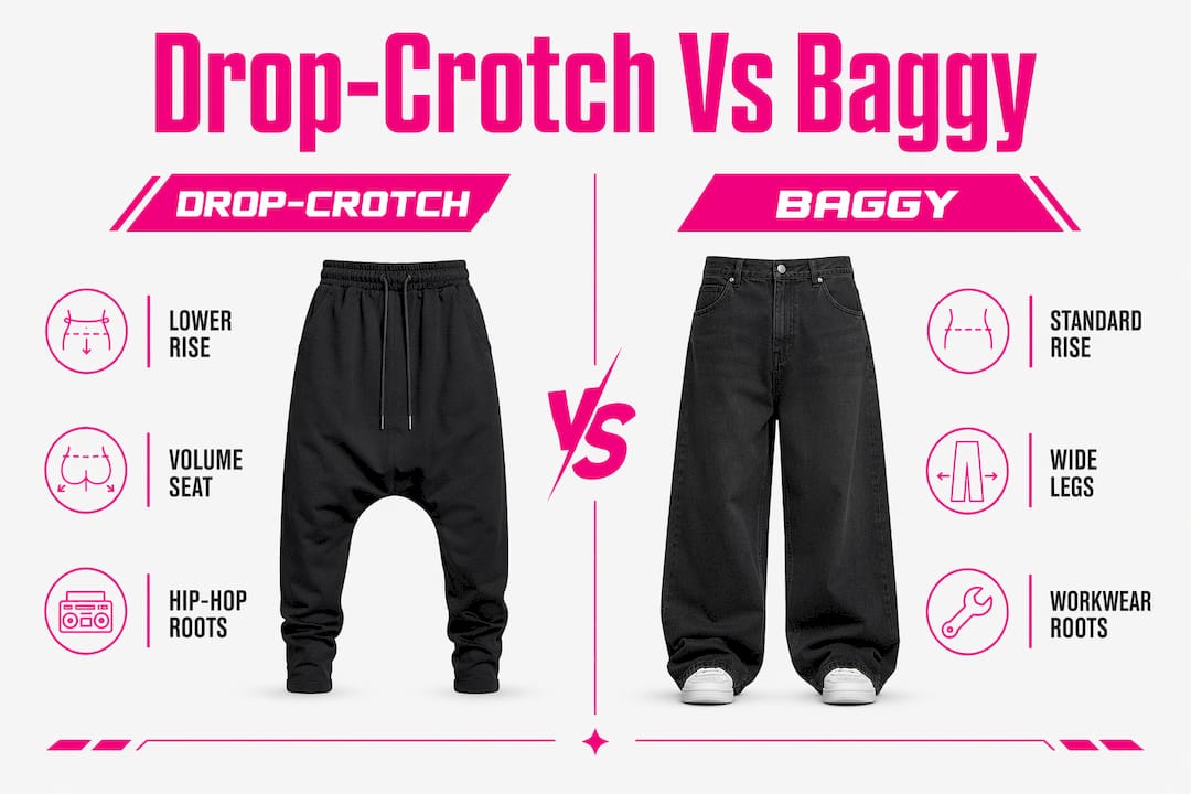 Infographic comparing drop-crotch and baggy skate pants styles