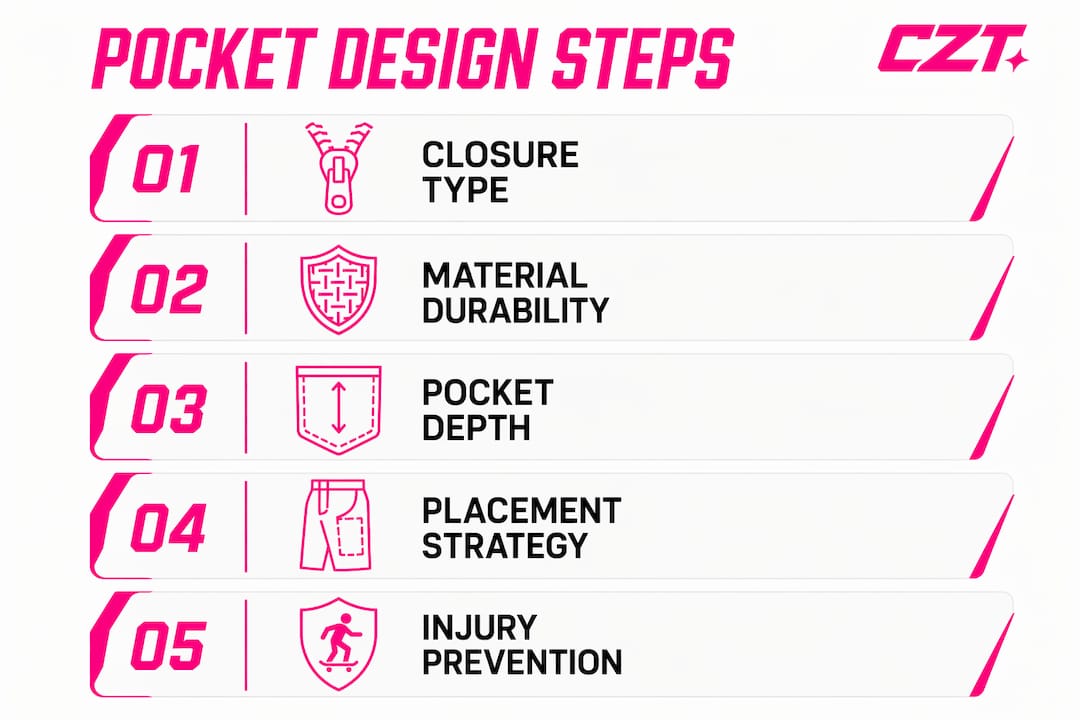 Infographic detailing key skateboard pocket design features