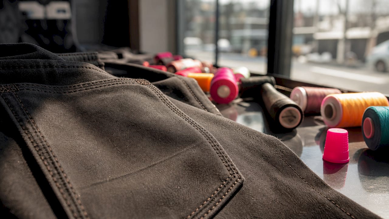 Close-up of reinforced stitching on skatewear pocket
