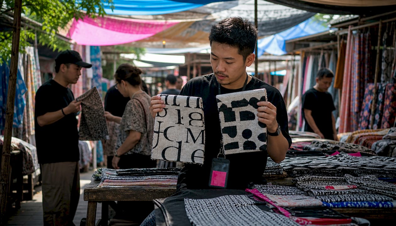 Hands comparing serif and sans serif font fabric samples