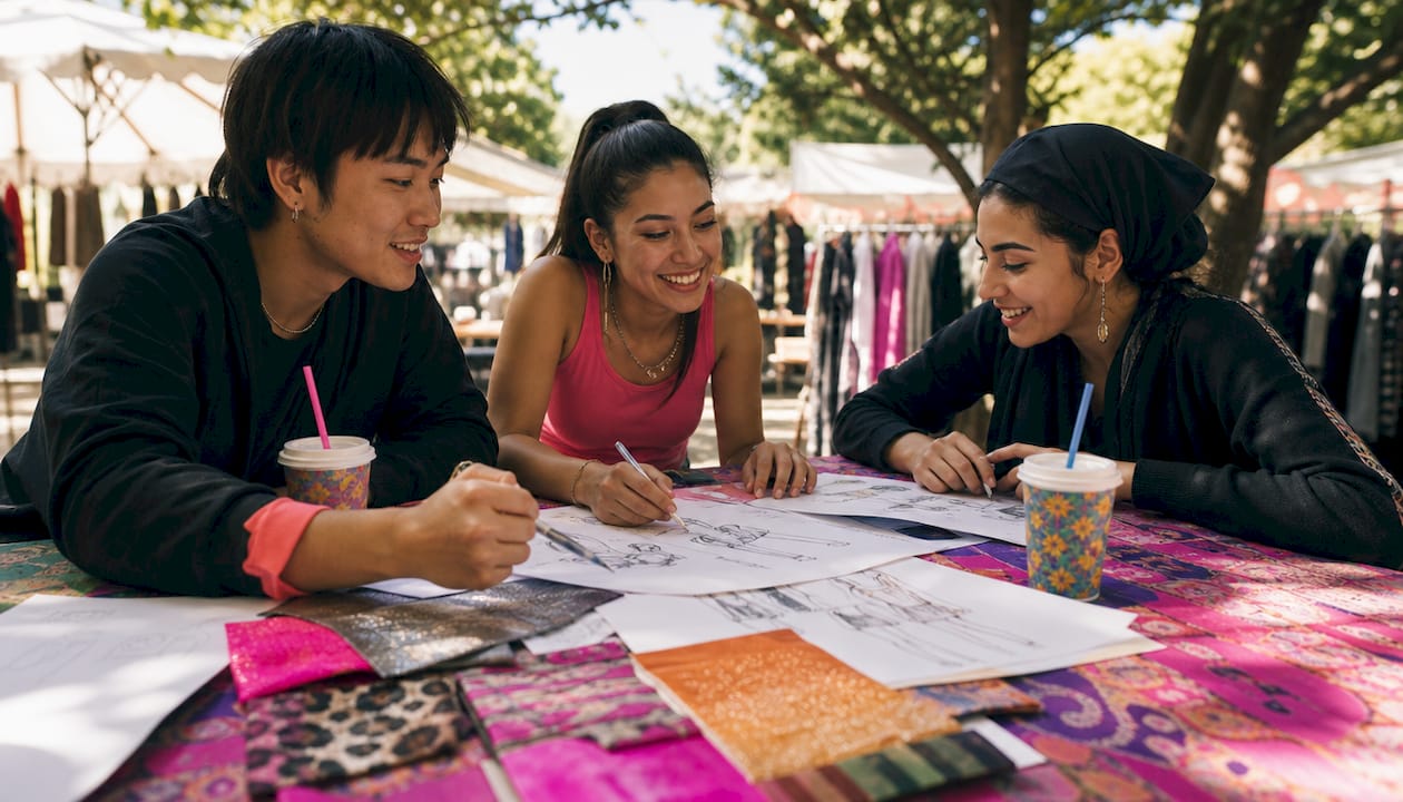 Group collaborating on custom fashion sketches at café