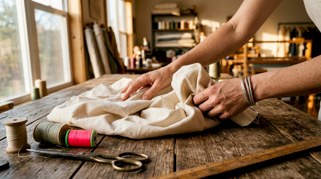 Hands feeling organic cotton fabric texture indoors