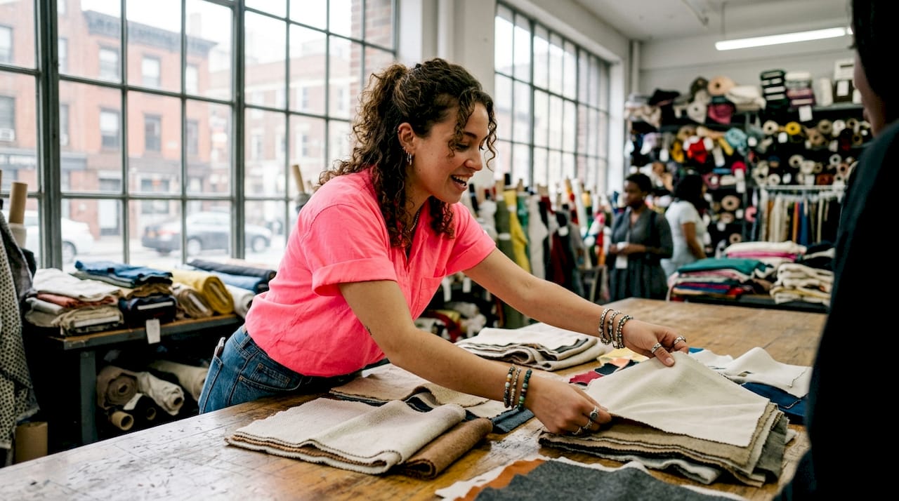 Hands examining fabric swatches for streetwear