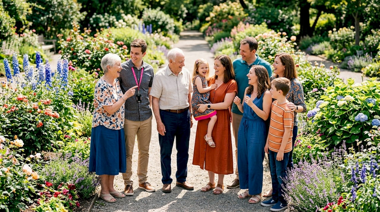 Family outdoors in coordinated custom group outfits