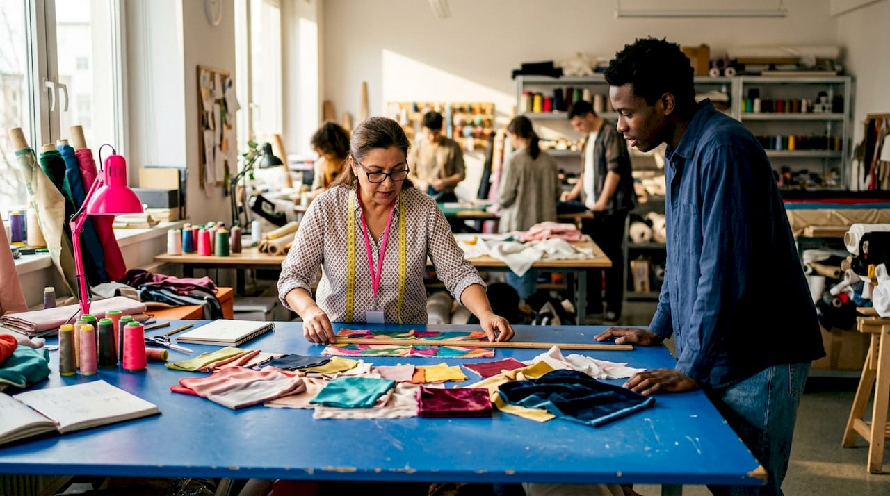 Hands inspecting fabrics in textile workshop