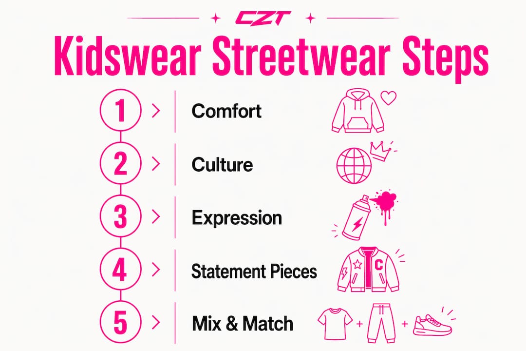 Infographic outlining kidswear streetwear styling steps