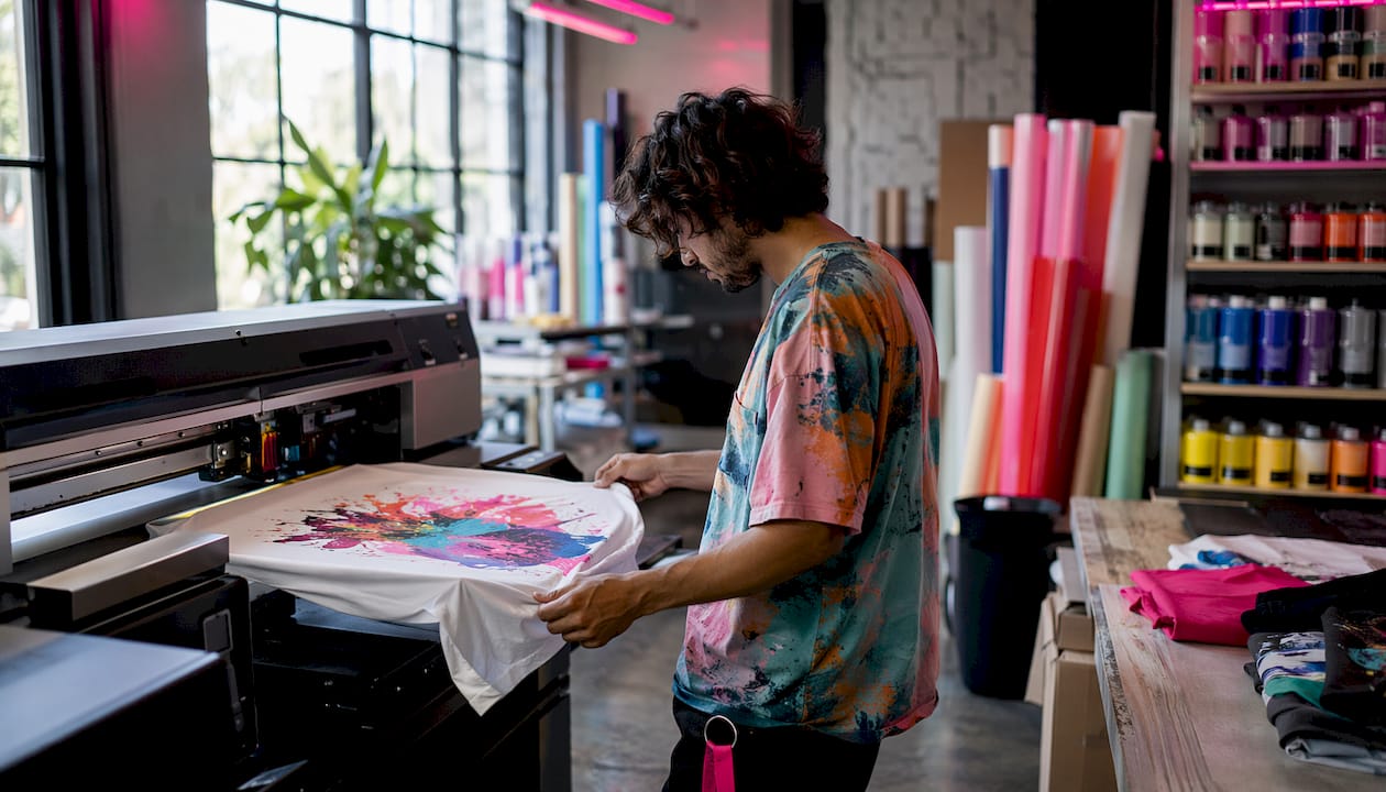 Hands guiding fabric in digital garment printer