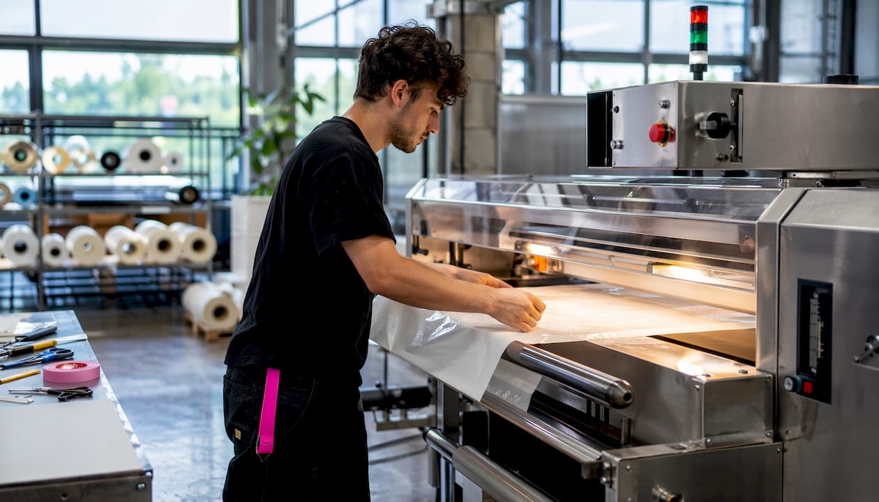 Technician assembling compostable packaging film layers