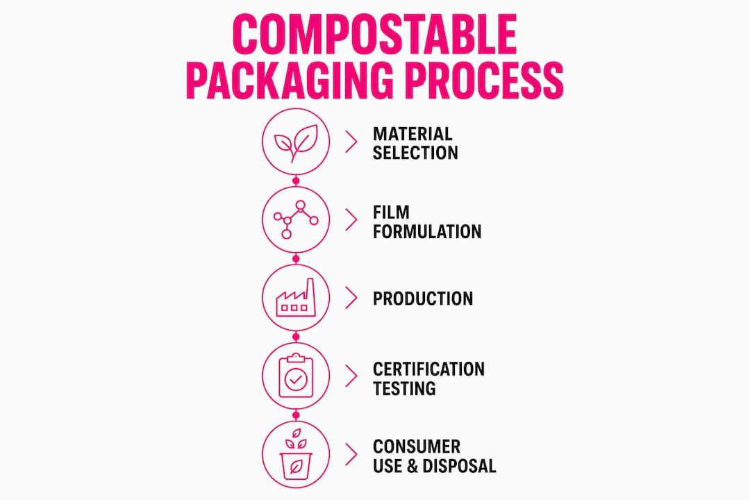 Infographic illustrating compostable packaging process steps