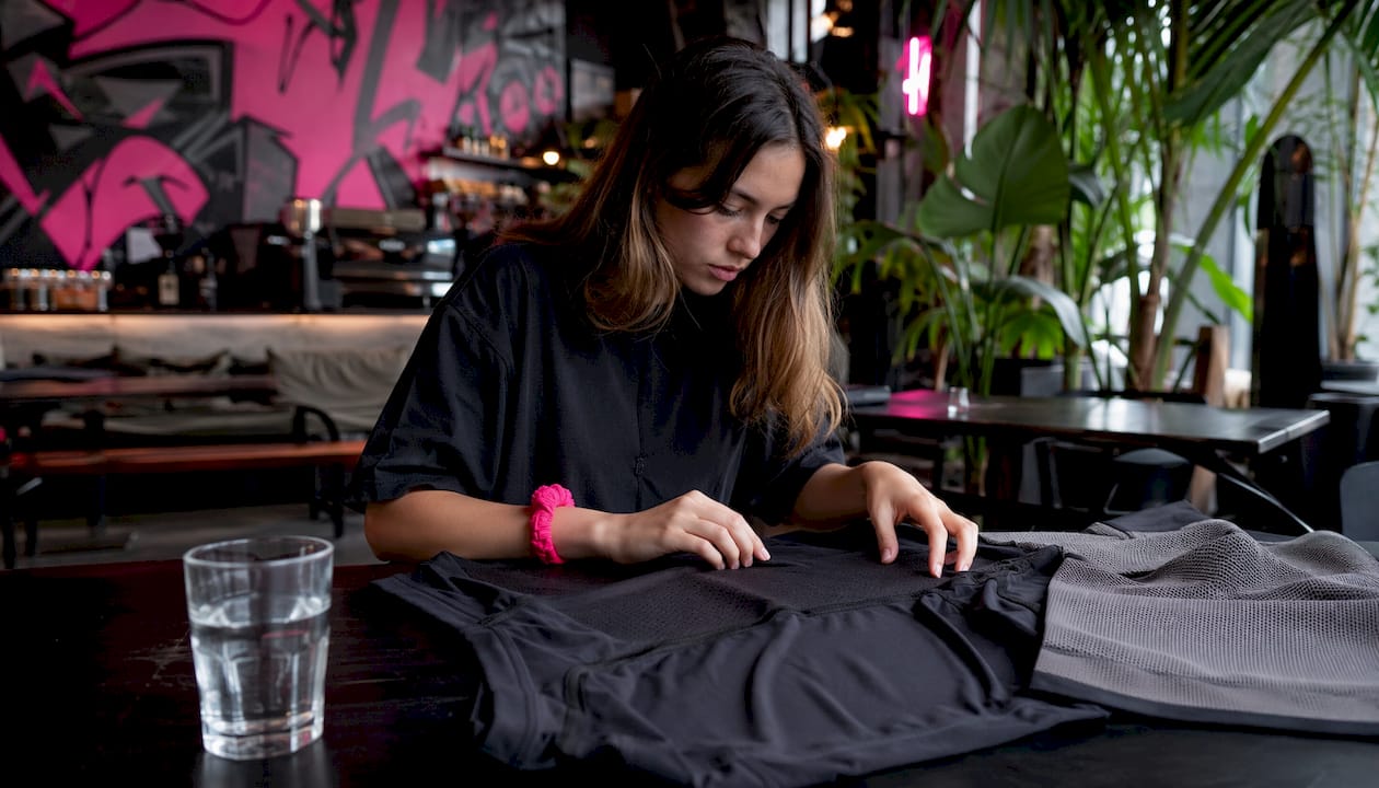 Close-up fabric inspection of skate shirt
