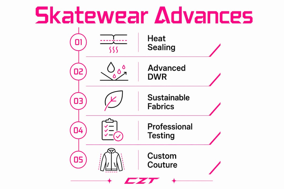 Infographic showing technical skatewear innovations and sustainability stages