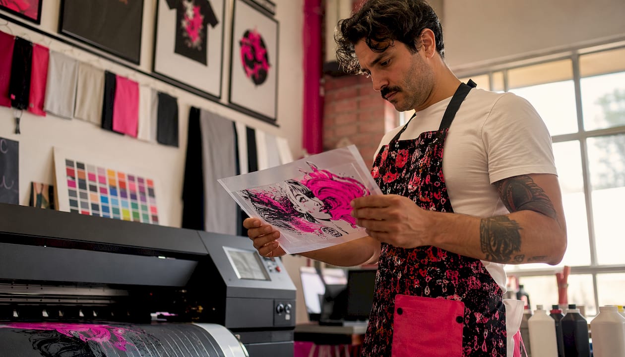Print technician inspecting DTF transfer in production