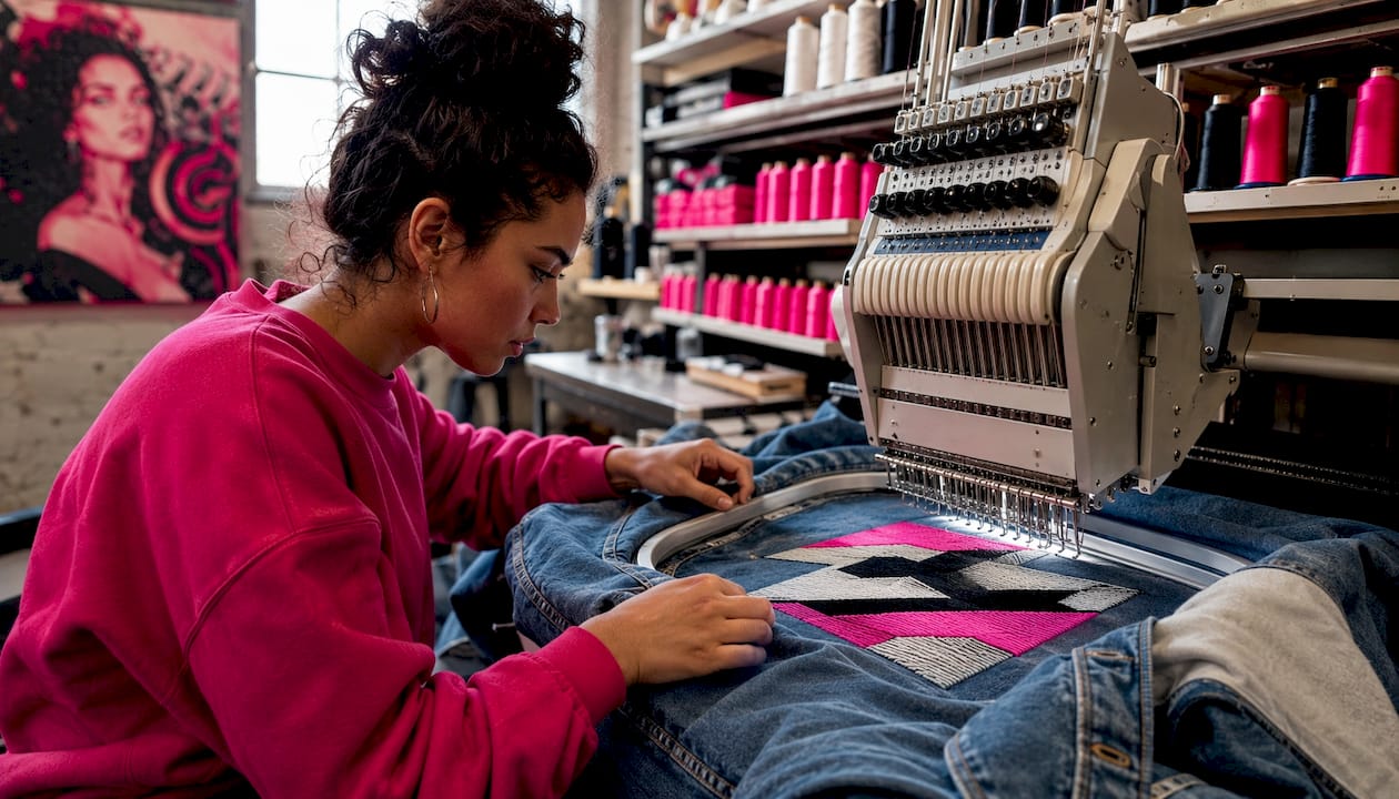 Hands operating embroidery machine on jacket