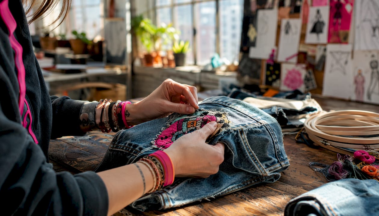 Hands sewing patch on denim jacket for upcycling