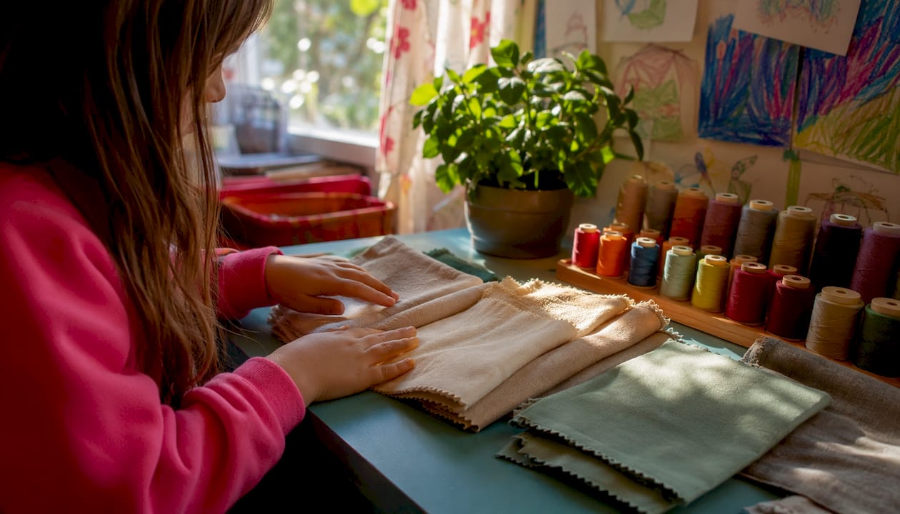 Hands touching natural fiber fabric swatches