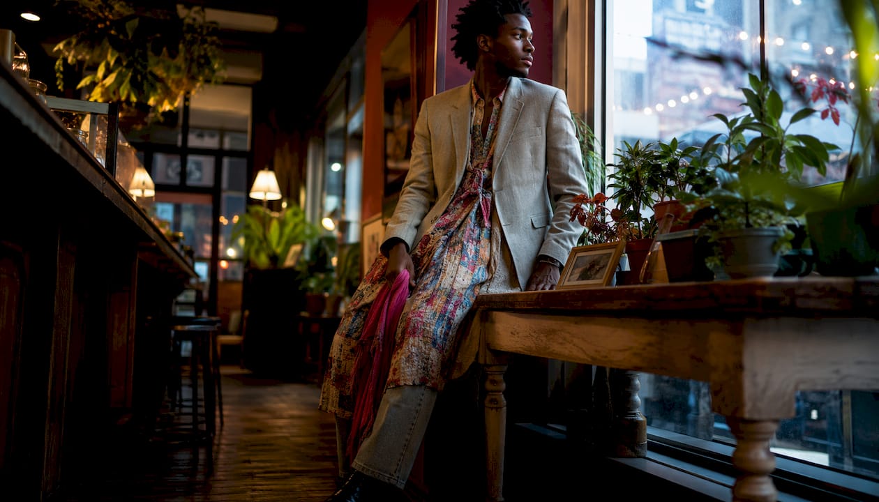Man in layered sustainable fashion by urban wall