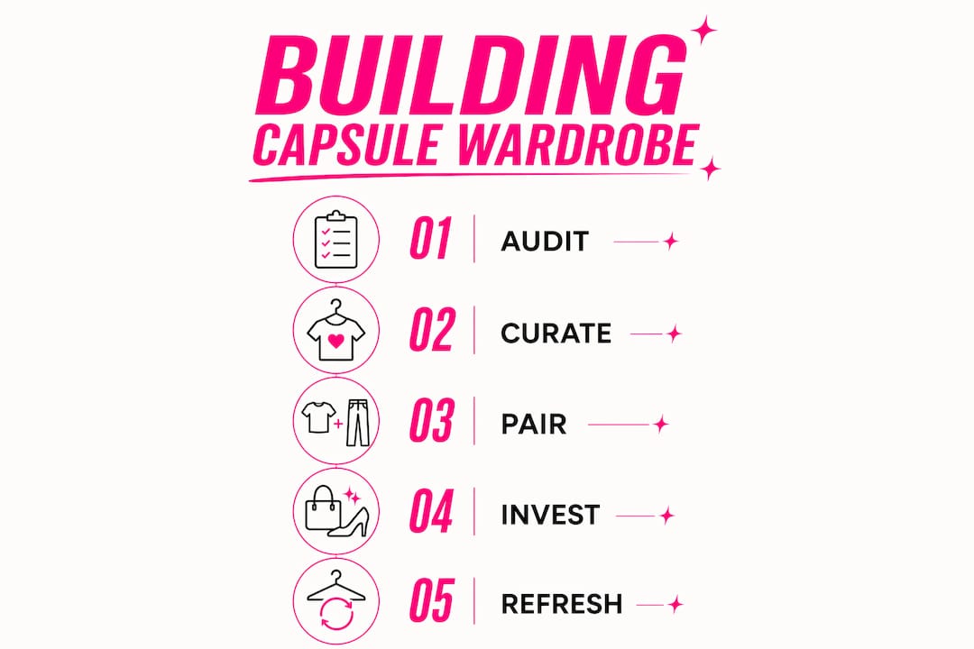 Infographic illustrating sustainable capsule wardrobe steps