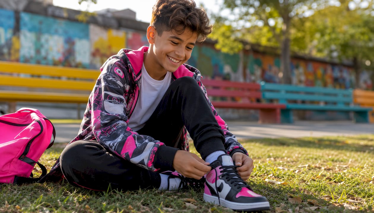 Boy tying sneakers wearing layered streetwear outdoors