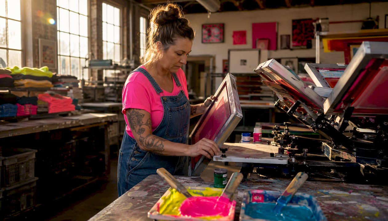 Operator setting up screen printing press for color registration