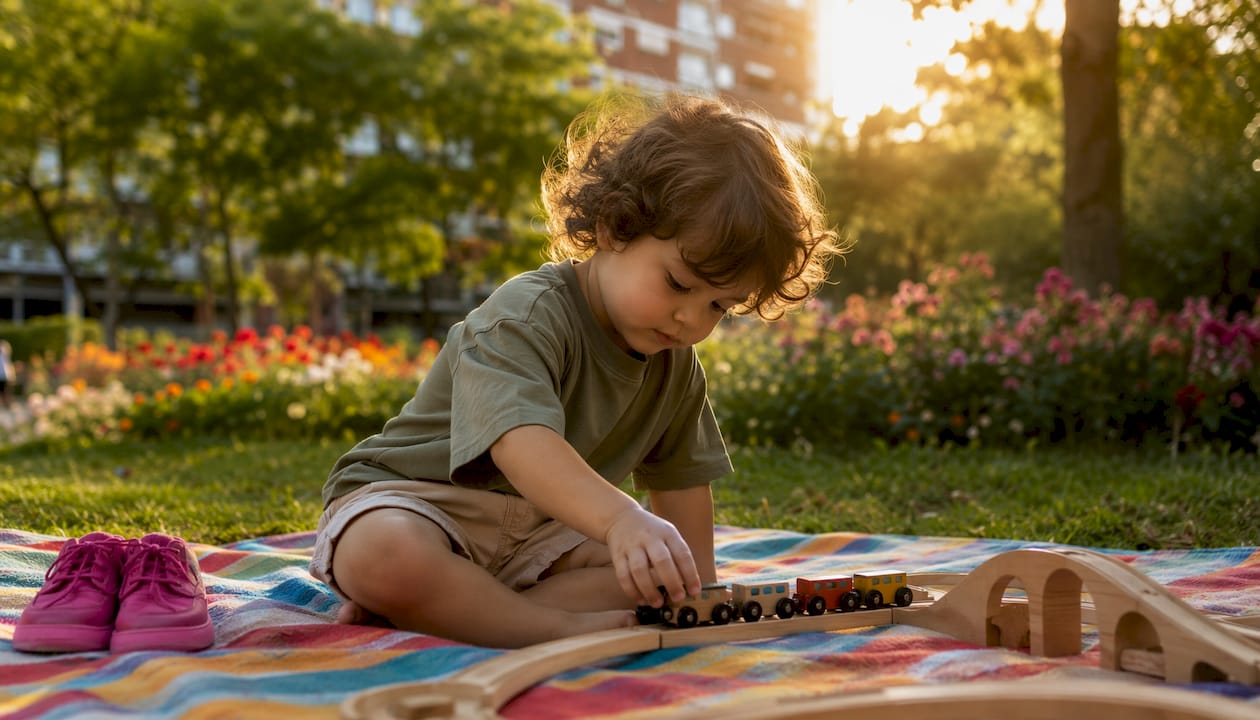 Toddler in earth-tone sustainable outfit playing
