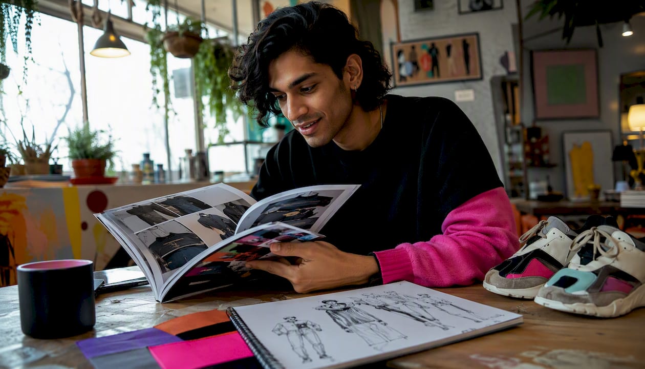 Overhead view of hands browsing streetwear brand catalog with fabric swatches