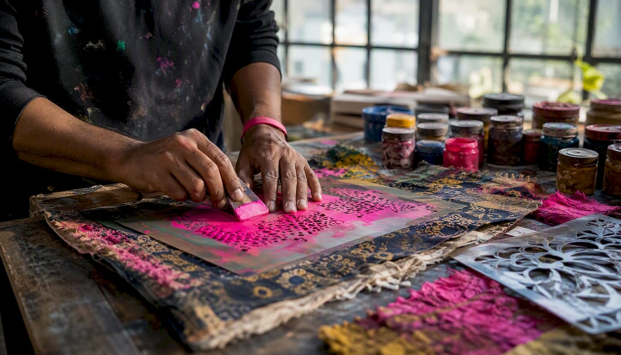 Hands applying stencil paint on upcycled fabric