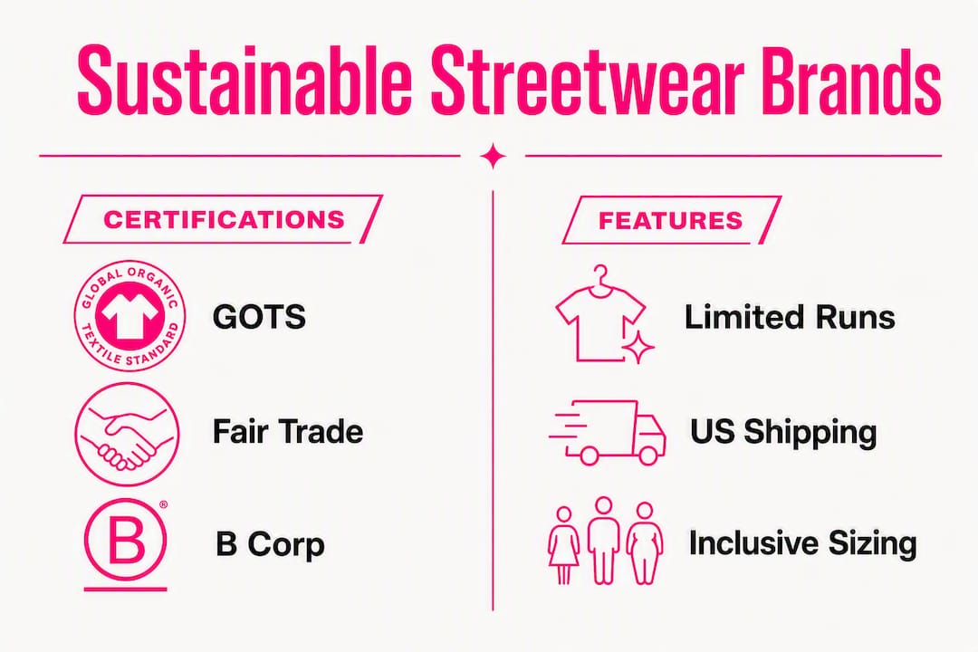 Infographic comparing sustainable streetwear brands on certifications and features