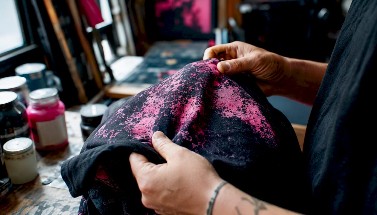 Close-up of textured screen print on recycled cotton fabric