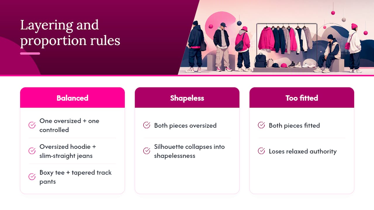 Diagram of streetwear layering and proportion principles