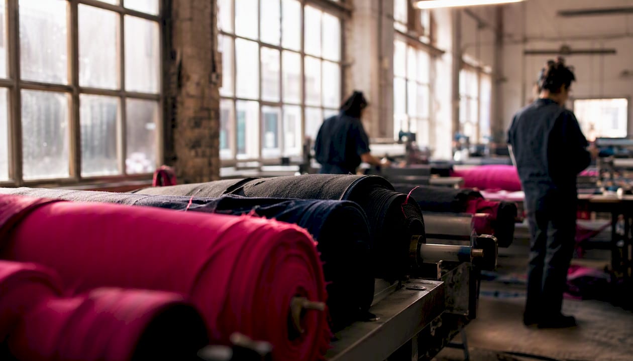 Recycled fabric rolls on factory conveyor