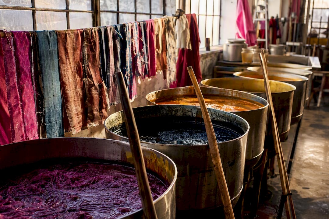 Eco dye vats with fabric strips drying