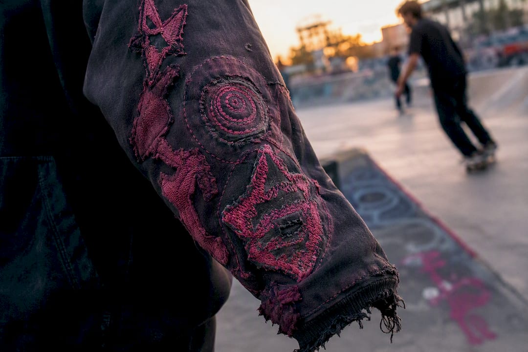Skatewear fabric showing applique and embroidery wear
