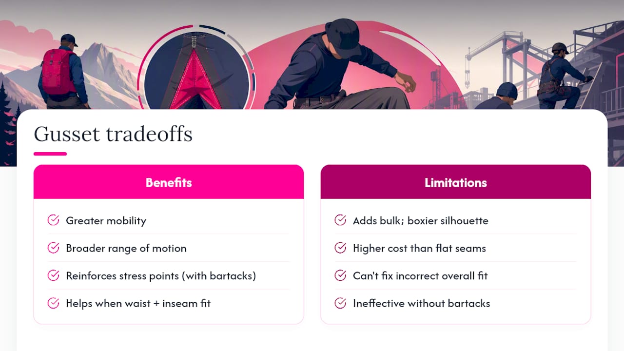 Diagram of gusseted pants benefits and limitations