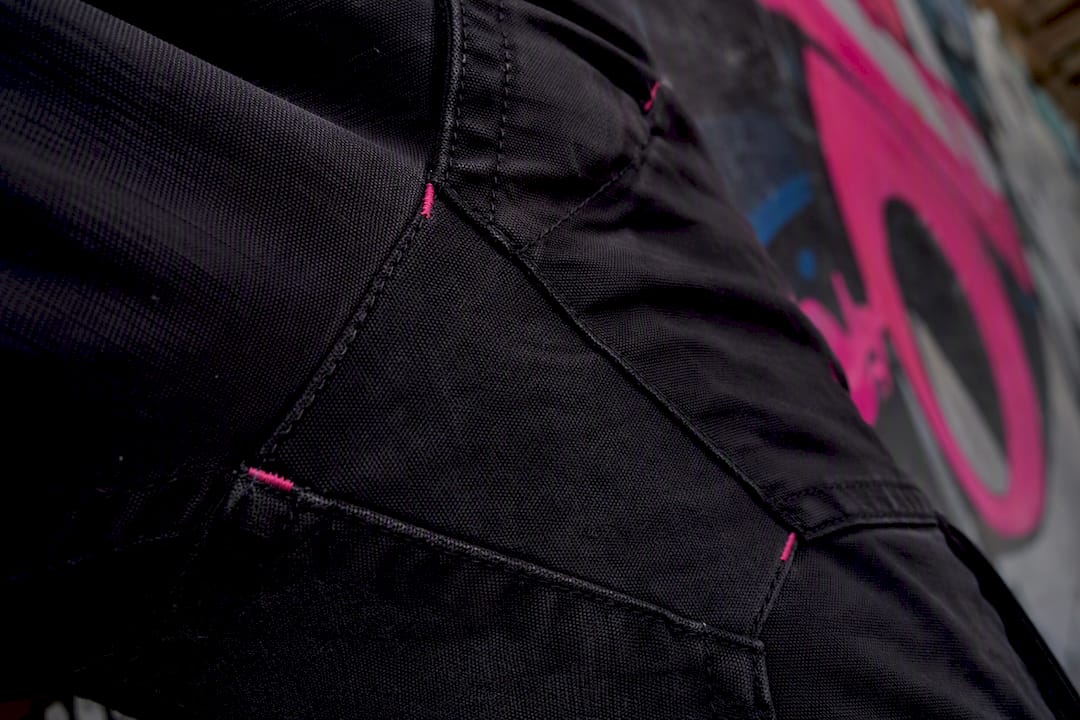 Close-up of gusset fabric and bartack stitching