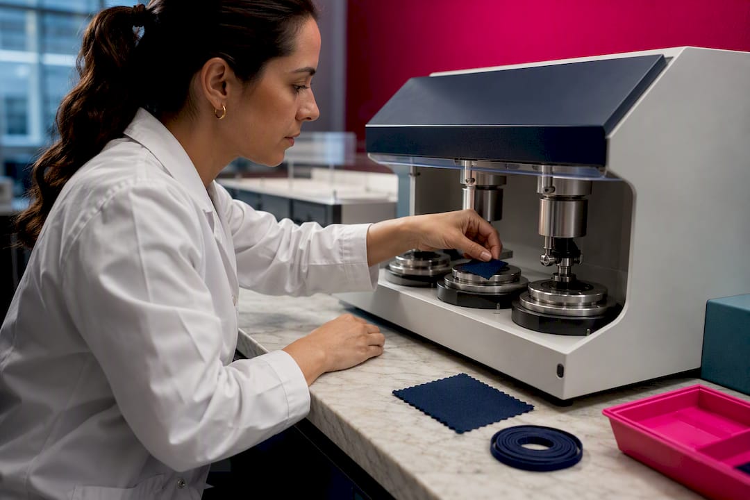 Technician testing an rPET fabric swatch
