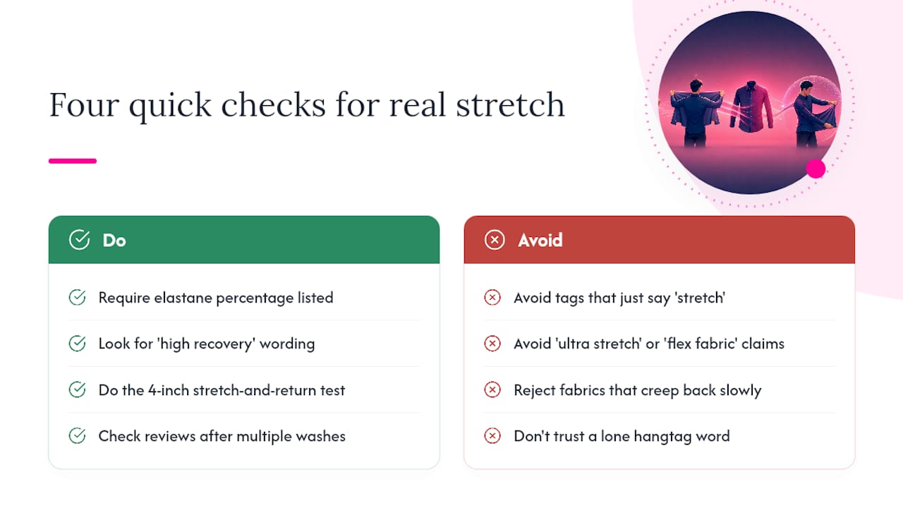Four checks for genuine four-way stretch