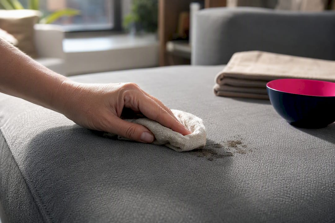 Hand wiping muddy paw print from microfiber