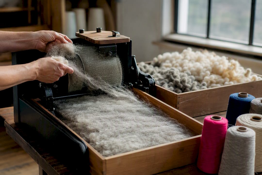 Hands carding reclaimed wool into new fiber