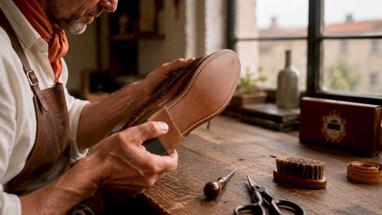 Mit geübten Händen wird die Goodyear-Naht am Lederschuh sorgfältig auf Qualität geprüft.