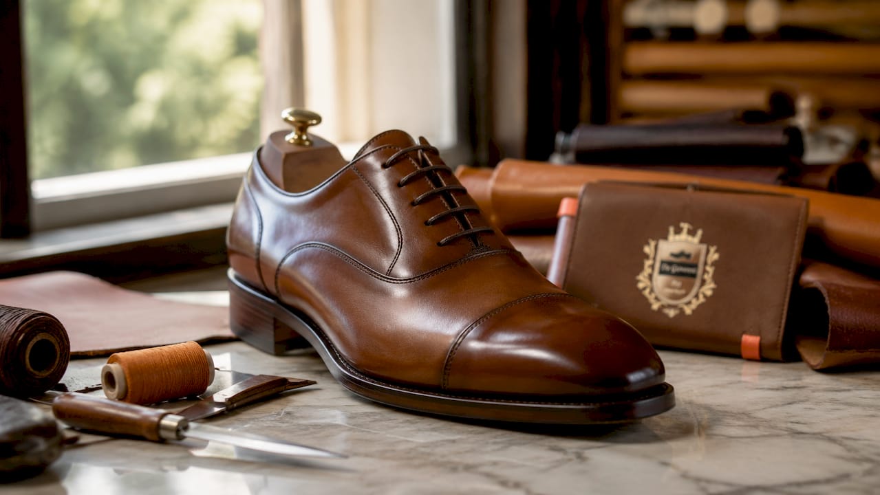 Feinste Handwerkskunst am Oxford-Schuh aus edlem Kastanienleder – Detailaufnahme