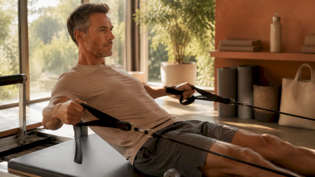 Man performing Pilates breathwork on reformer machine