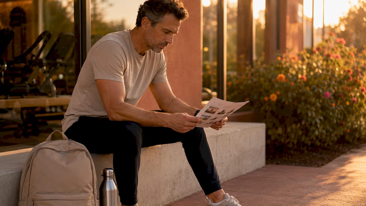 Man reading fitness class options outdoors