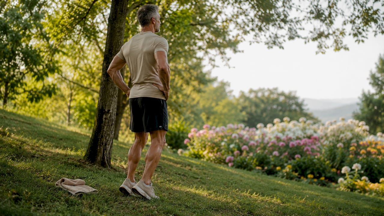 Man performing calf raises outdoors in park