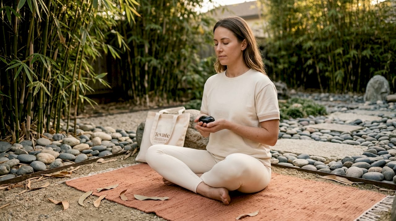 Hands holding stone near breathwork wellness tools
