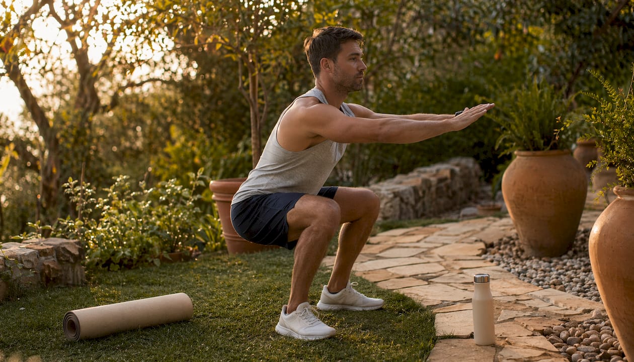 Man doing bodyweight squats in home gym