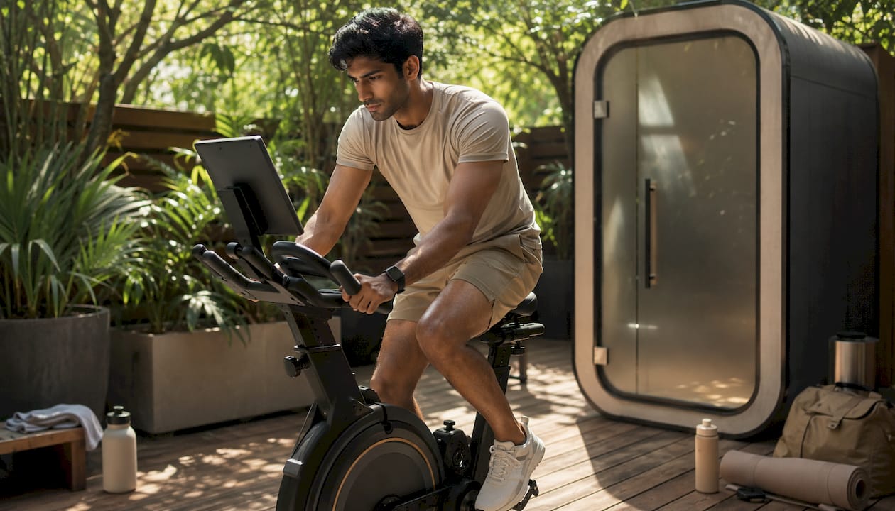 Man exercising near home sauna pod