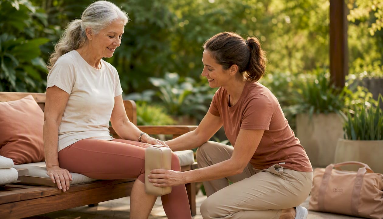 Elderly woman doing knee rehab isometric exercise